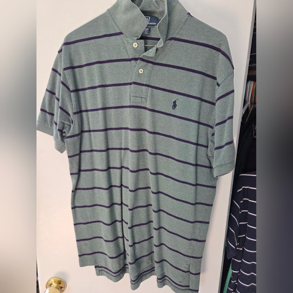 Ralph Lauren Men's Polo Shirt in Green and Navy Stripes